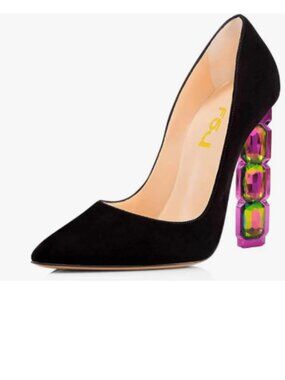 FSJ Black Jeweled High Heel Pointed Toe Slip On Sparkling Crystal Bead Heel Pump